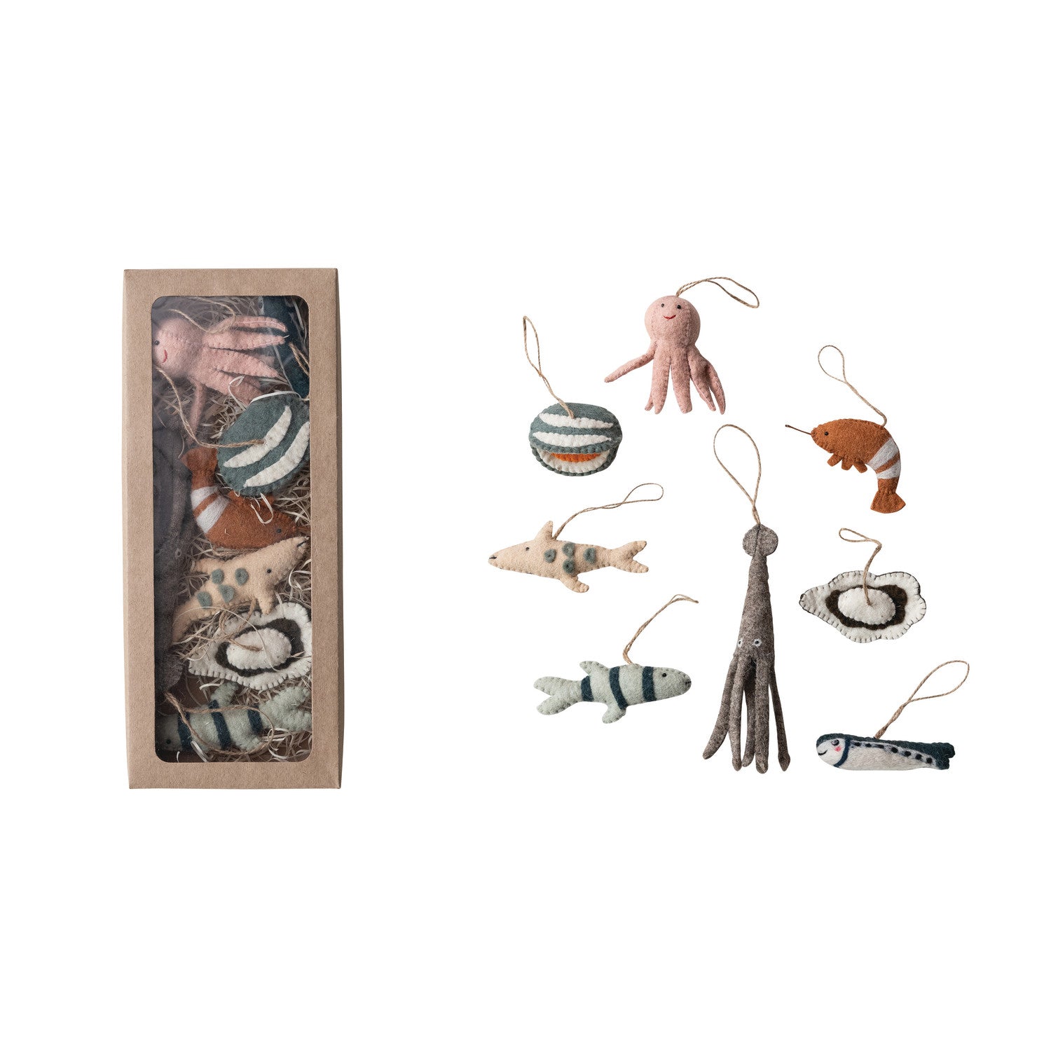 Handmade Wool Felt Sea Animal Ornaments, Boxed Set of 8