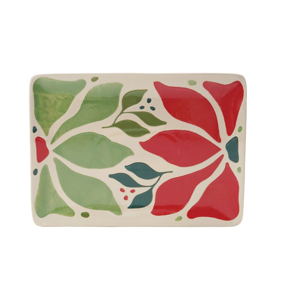 Hand-Painted Stoneware Platter with Wax Relief Poinsettia Pattern