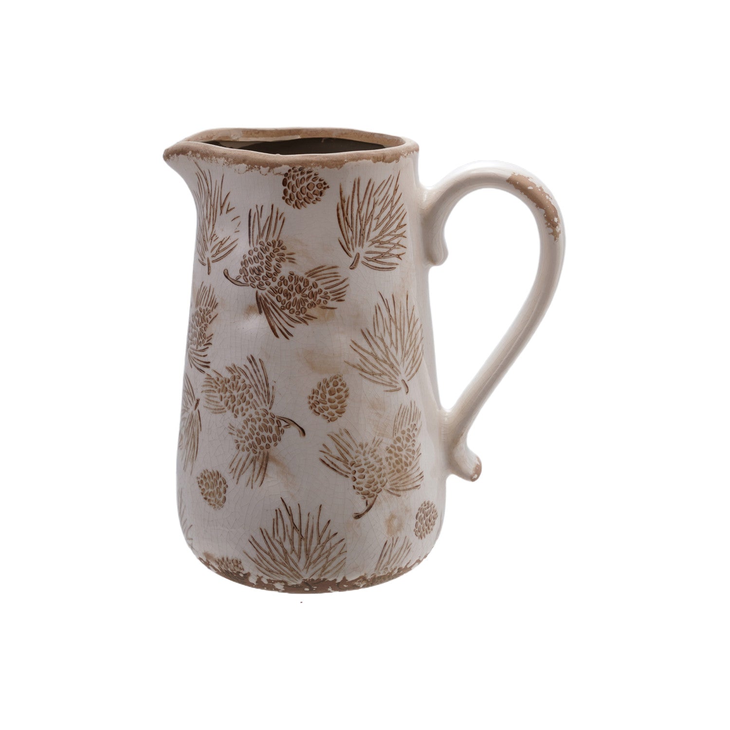 Decorative Stoneware Pitcher/Vase with Evergreen Boughs & Pinecones