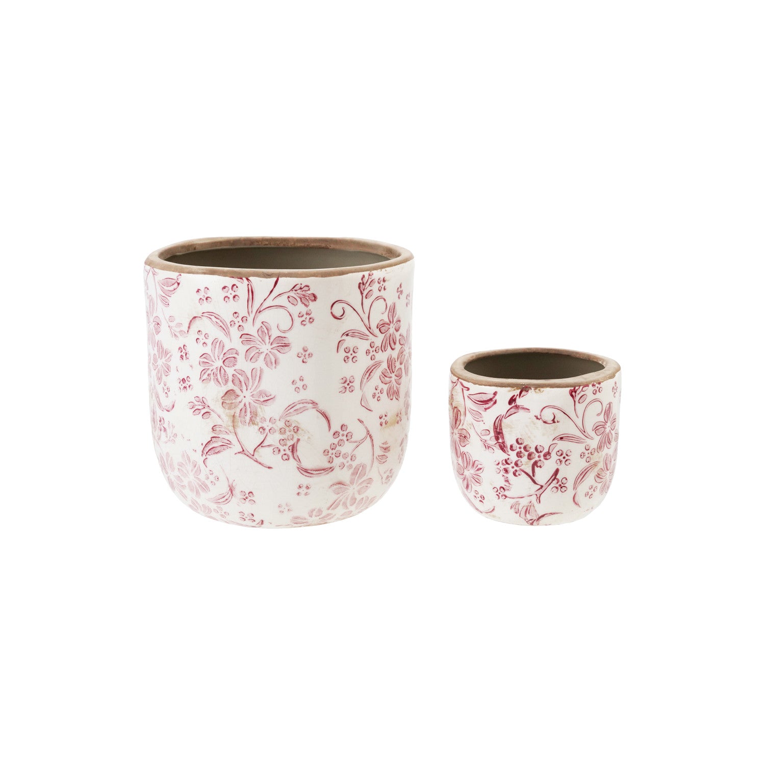 Stoneware Planters with Floral Pattern, Set of 2 (Holds 4" & 3" Pot)