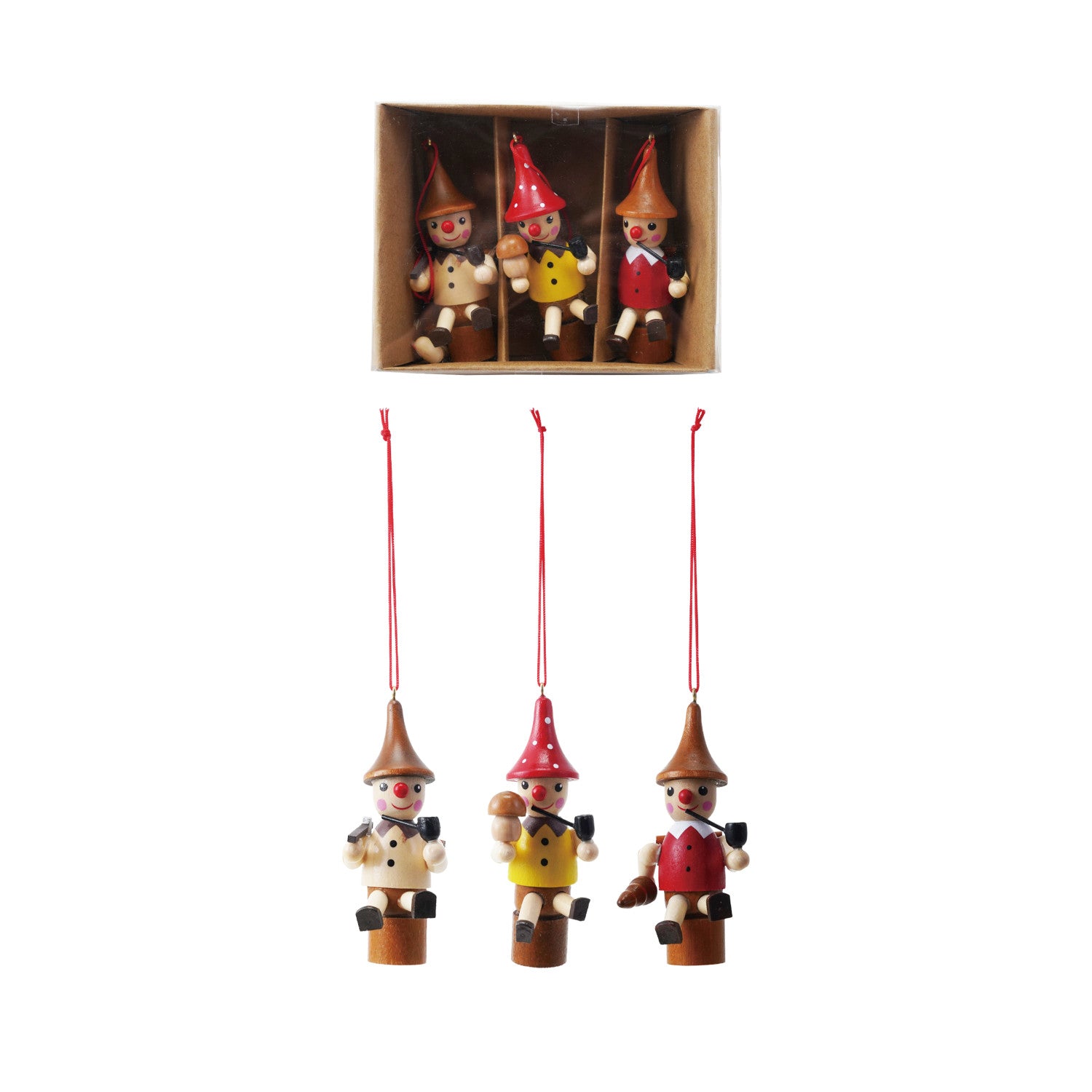 1-3/4"H Wood Woodsman Ornaments, Multi Color, Boxed Set of 3