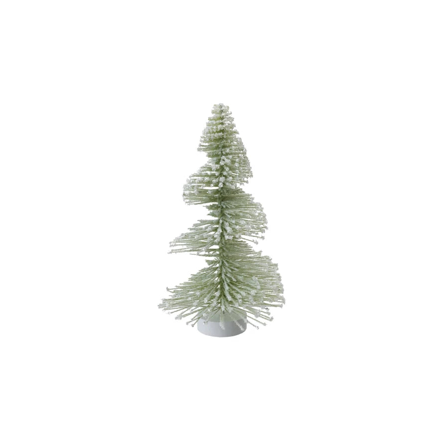 Plastic Bottle Brush Tree with Wood Base, Snow Finish, Sage Color