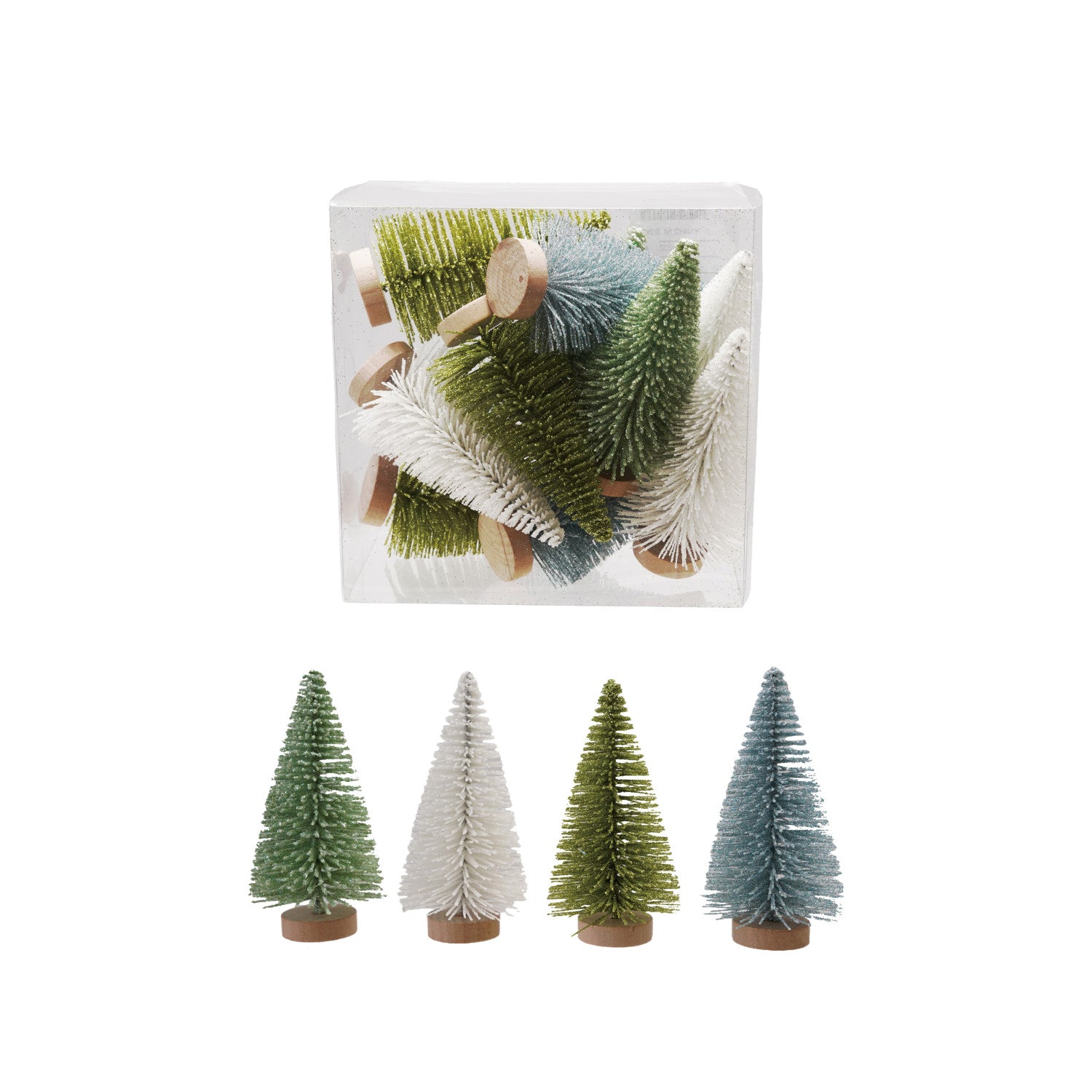 Plastic Bottle Brush Trees with Wood Bases, Boxed Set of 10