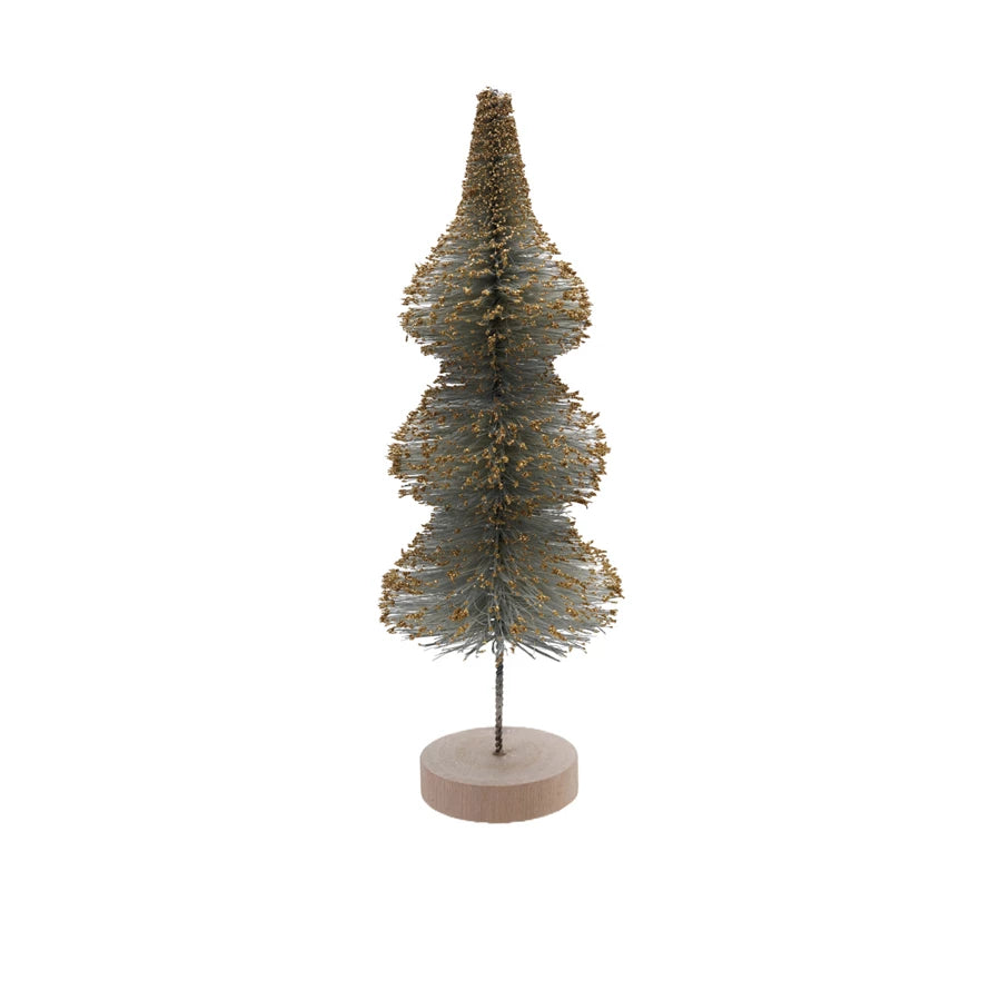 Sisal Bottle Brush Tree with Gold Glitter & Wood Base, Mint Color