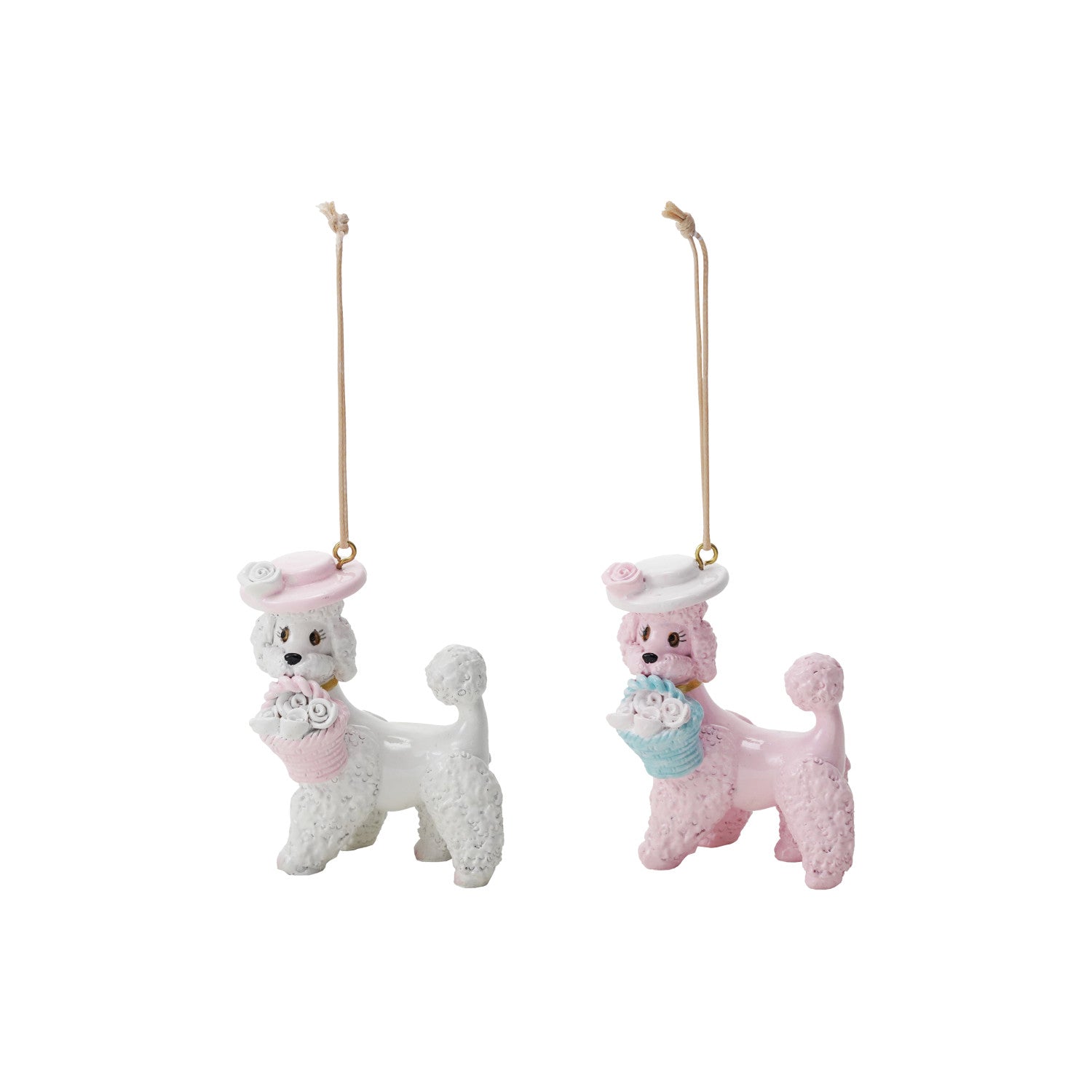 Resin Vintage Reproduction Poodle Ornament with Hat & Basket, 2 Colors