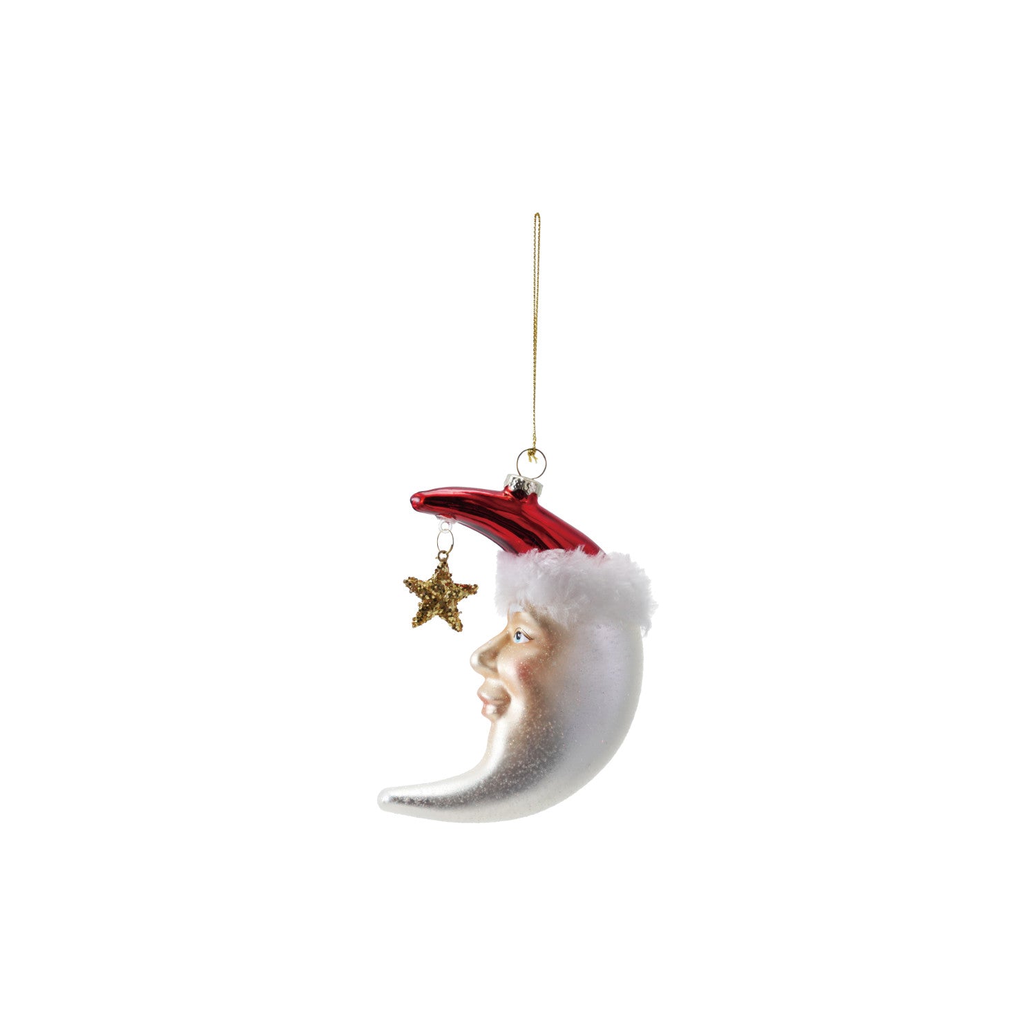 Glass Half Moon Ornament with Santa Face, Faux Fur, Star & Glitter