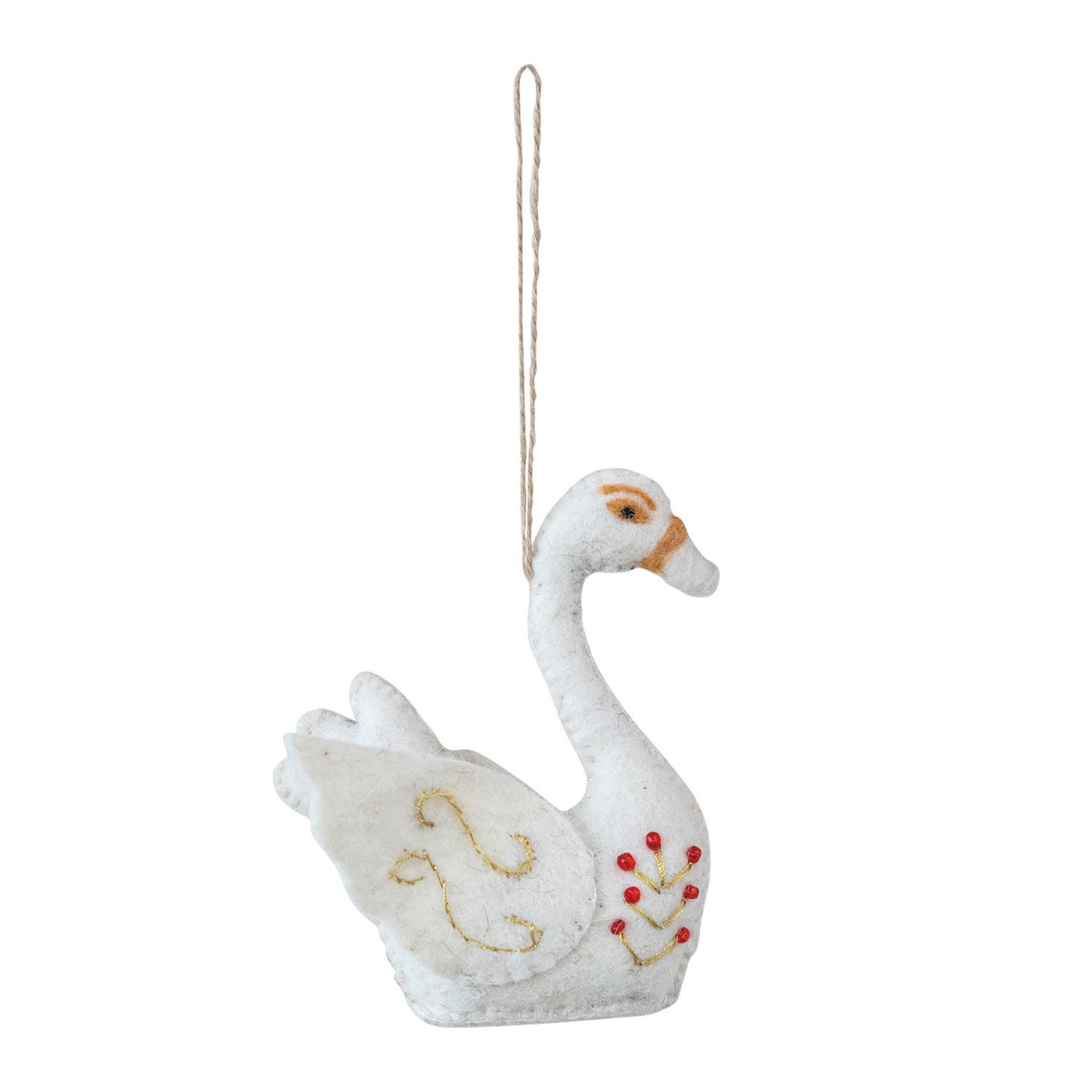 Handmade Wool Felt Swan Ornament with Metallic Thread Embroidery & Beads