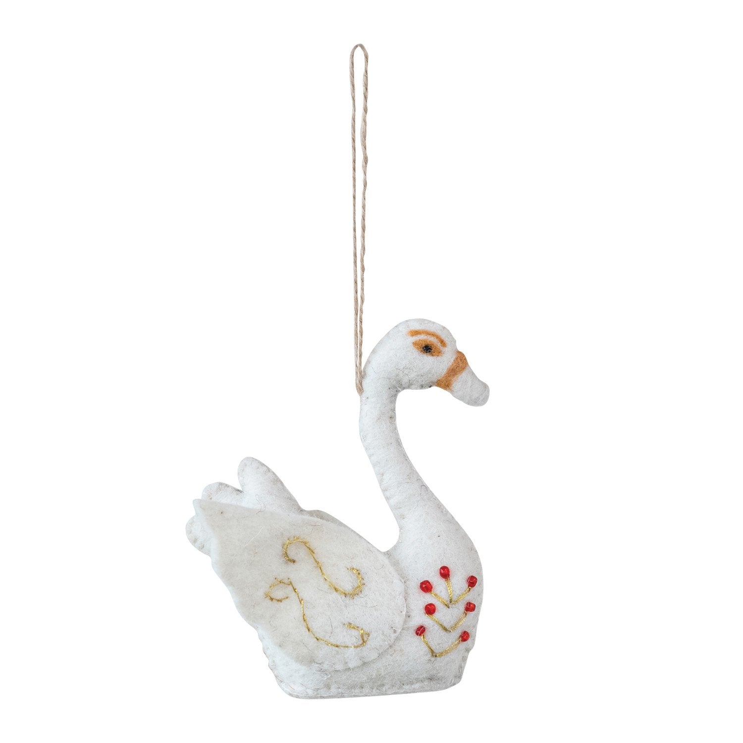 Handmade Wool Felt Swan Ornament with Metallic Thread Embroidery & Beads