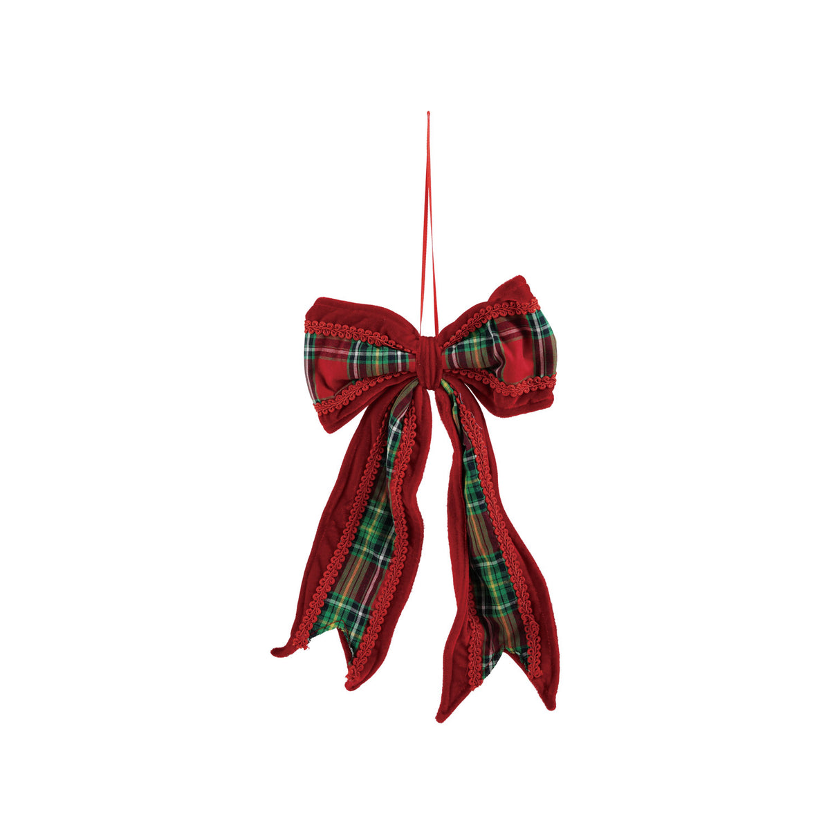 Oversized Fabric & Velvet Bow Ornament with Plaid Pattern, Red & Green