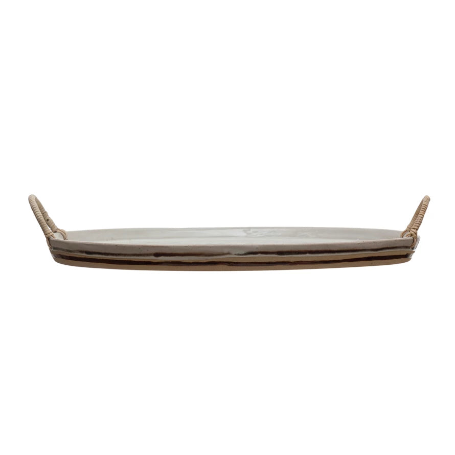 Stoneware Platter with Rattan Wrapped Handles