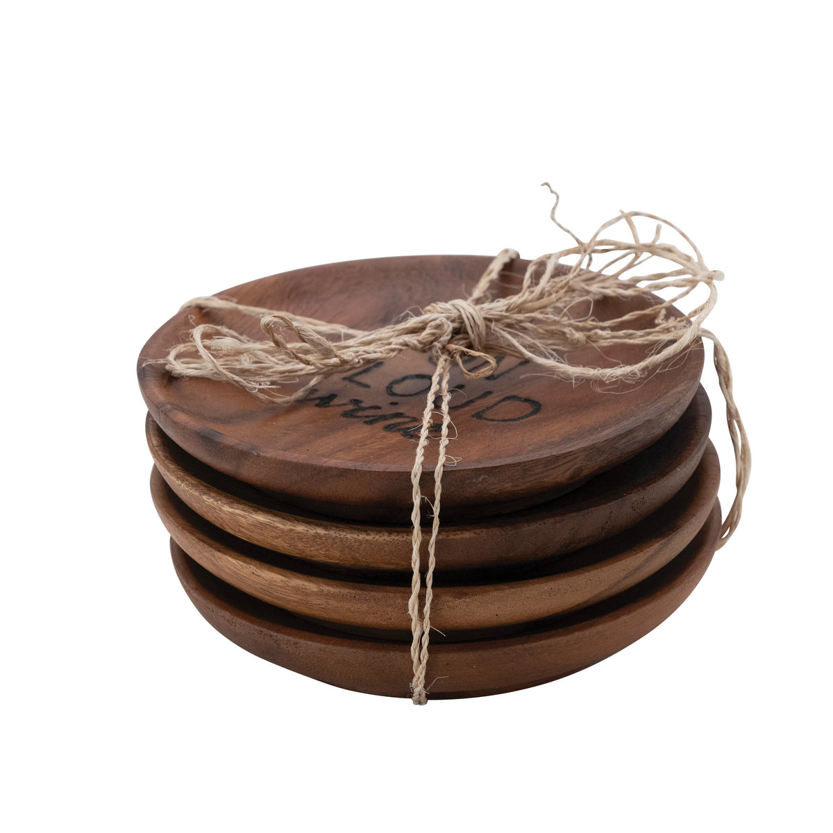 Acacia Wood Tapas Plates with Burned Wine Saying and Abaca Tie - One Amazing Find: Creative Home Market