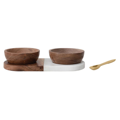 Acacia Wood & Marble Tray w/ 2 Acacia Wood Bowls & Brass Spoon - One Amazing Find: Creative Home Market