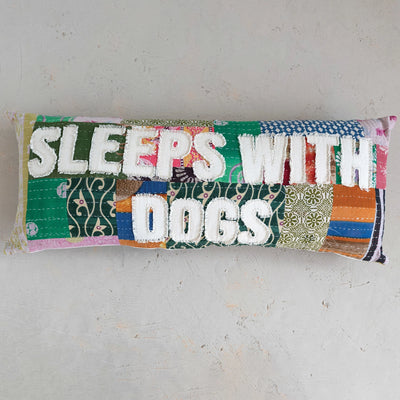 Vintage Kantha Patchwork Lumbar Pillow "Sleeps with Dogs" - One Amazing Find: Creative Home Market